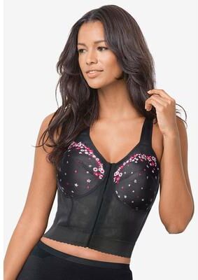 Plus Size Women's Embroidered Front-Close Longline Posture Bra by Comfort Choice in Black Embroidery (Size 42 C)