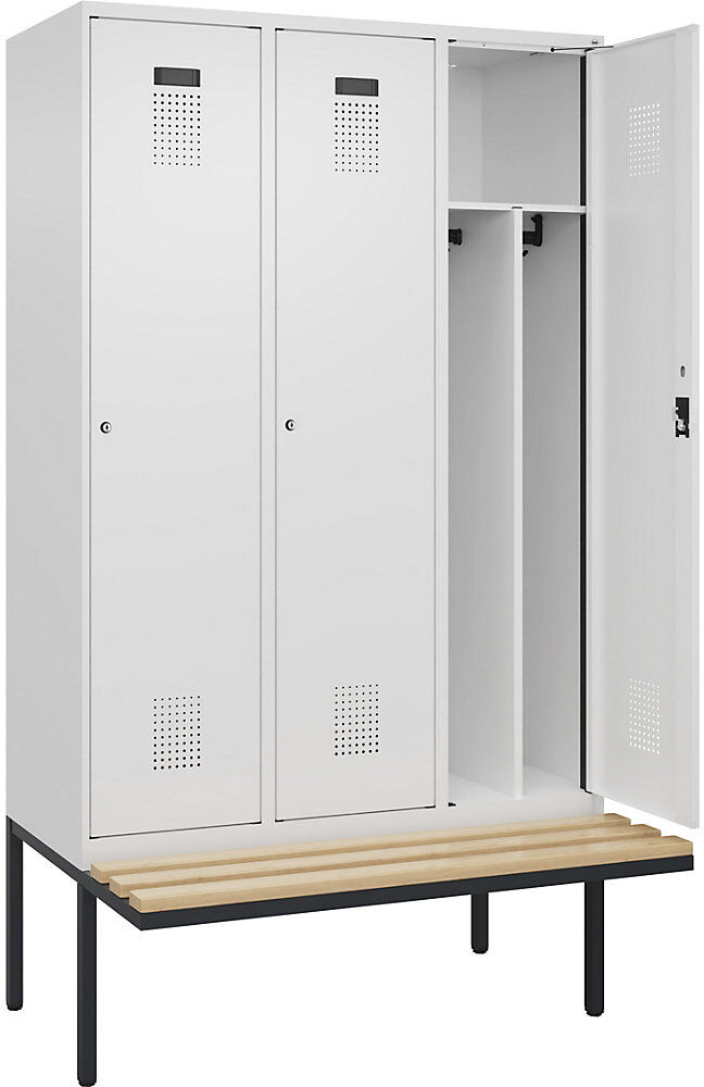 kaiserkraft Schwarz-Weiß-Spind Evolo PLUS Sitzbank, schmal, 3 Abteile, verkürzte Trennwand mittig, weiß, B 1200 mm, Zylinderschloss, mit auskragender Sitzbank,