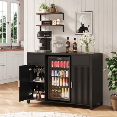 "Garvee Modern 53"" Coffee Bar Cabinet with Mini Fridge Space & Charging Station – Fluted Doors, Wine Rack Sideboard"