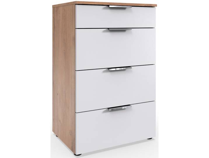 Schubkastenkommode, Spanplatte, Weiß & Plankeneiche Nachbildung, 54×84×41 cm, 4 Schubladen mit Soft-Close, Modern, Wimex