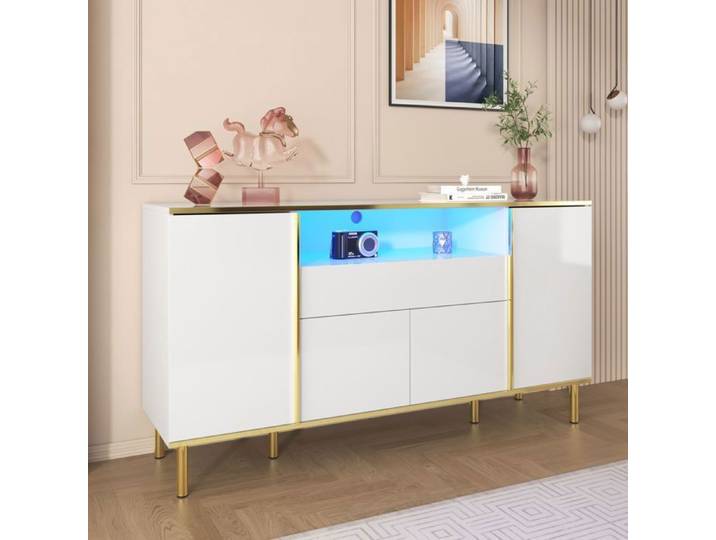 Buffet Salon Blanc Brillant à LED Meuble Elégant avec 1 Tiroir 4 Portes Armoire de Cuisine Sideboard 150x40x80cm