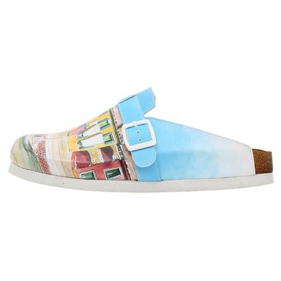 Hausschuh DOGO "Comfie Pantoletten Hausschuhe Burano Island Damen Sandalen", Damen, Gr. 38, Normalschaft, blau, Lederimitat, Schuhe Hausschuh, Handgefertigt