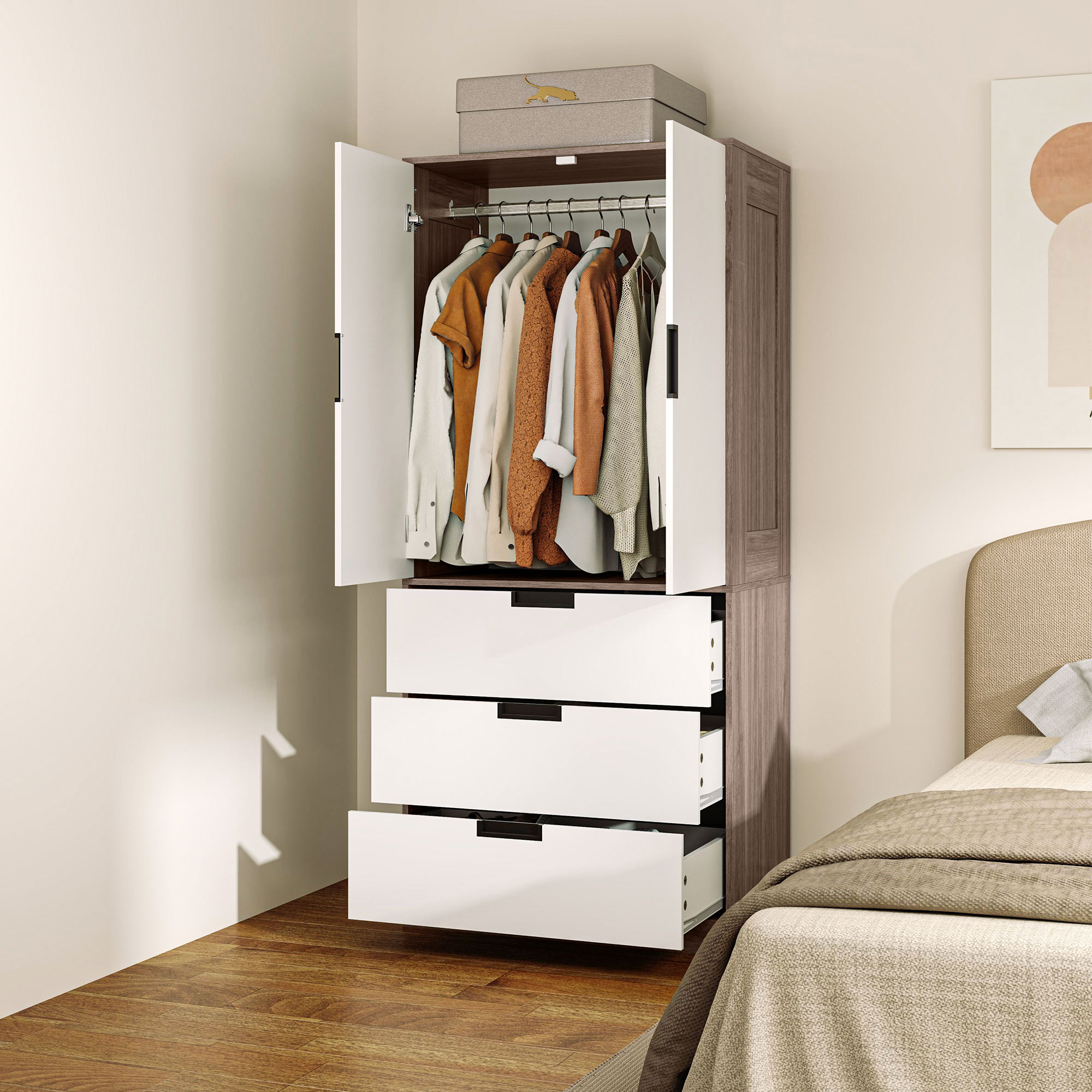 Homcom Armadio 2 porte, armadio moderno con 3 cassetti e asta per camera matrimoniale, marrone