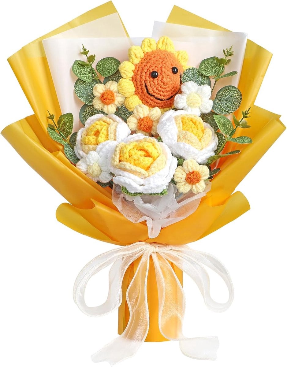 SnelShoppen Handgemaakt Kunstbloemen Boeket met Gehaakte Zonnebloemen en Rozen, Geel en Zwart, Textiel
