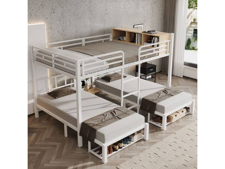 Lit Superposé Familial 3 Places 140x200 cm + 2x90x200 cm Étagère ouverte Range-Chaussures Échelle Métal Blanc