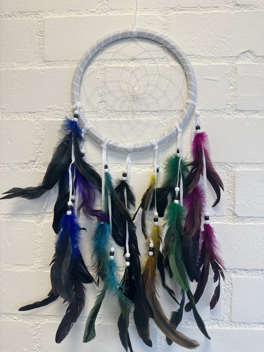 Impuls Dromenvanger met wit en meerkleurige veren - Dia 22 cm x Lengte 70 cm