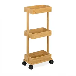 Relaxdays Rollwagen, Bambus, 3 Ebenen, HxBxT: 71,5x31x18 cm, 4 Rollen, Badezimmer, Küche, schmaler Beistellwagen, natur