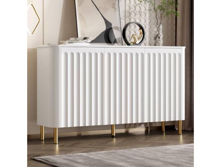 Crlnaup Sideboard Anrichte MDF Metallfüße 3 Türen Säulenrelief wellenförmige Kante abgerundete Ecken grifflos Wohnzimmer