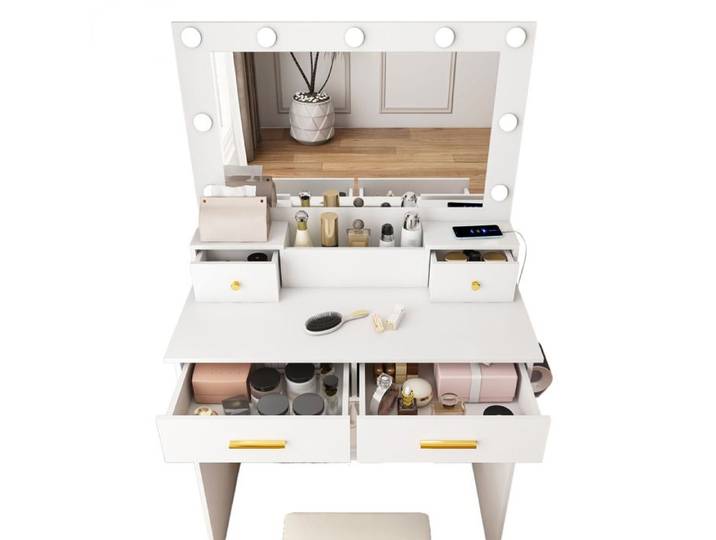 ELVORIN Coiffeuse avec miroir LED 80 x 40 x 137 cm prise intégrée support sèche-cheveux 4 tiroirs blanc