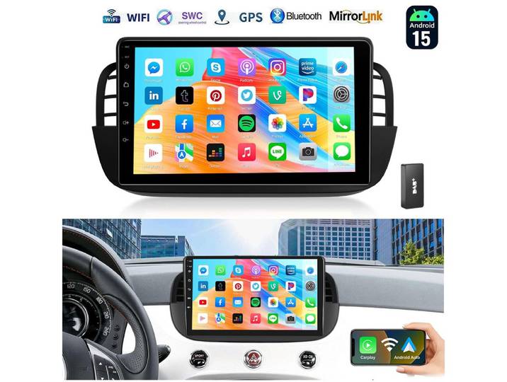 ESSGOO 9'' DAB+ Autoradio 2DIN Für Fiat 500 07-15 Android 15 Carplay GPS NAVI Autoradio (RDS, 4+64GB(optional), Digitalradio (DAB), DAB (optional), FM, GPS, SWC, Apple Carplay Android Auto GPS Navi WIFI BT EQ)