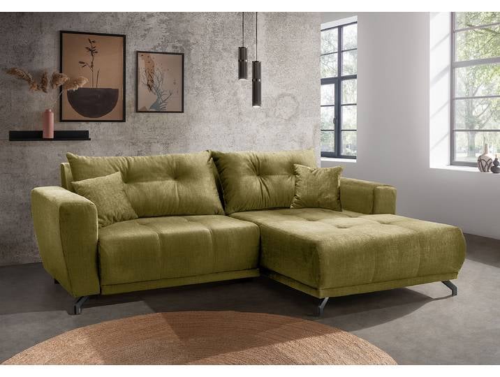 Ecksofa mit Sitztiefenverstellung Grün Samt Josita 246 x 80 x 177cm Longchair davorstehend rechts Modern