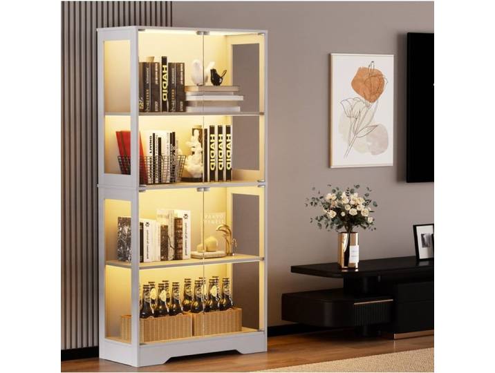 Vitrine En Verre Blanche 4 Niveaux Vitrine LED FloraGrace Pour Salon Chambre Bureau Capteur Intelligent 80x35x165cm
