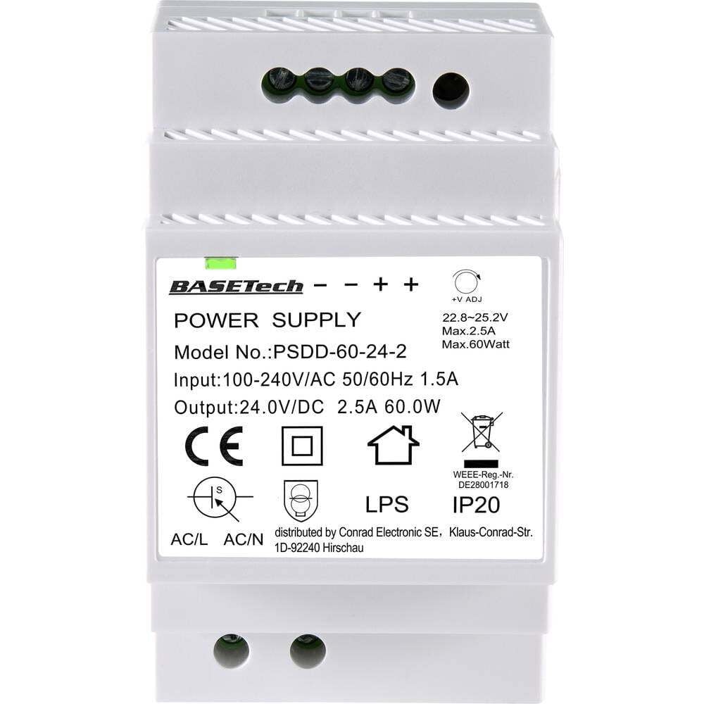 Basetech BT-2250321 Netvoeding voor montage op DIN-rail, 24 V, 2.5 A, 60 W, 2 uitgangen