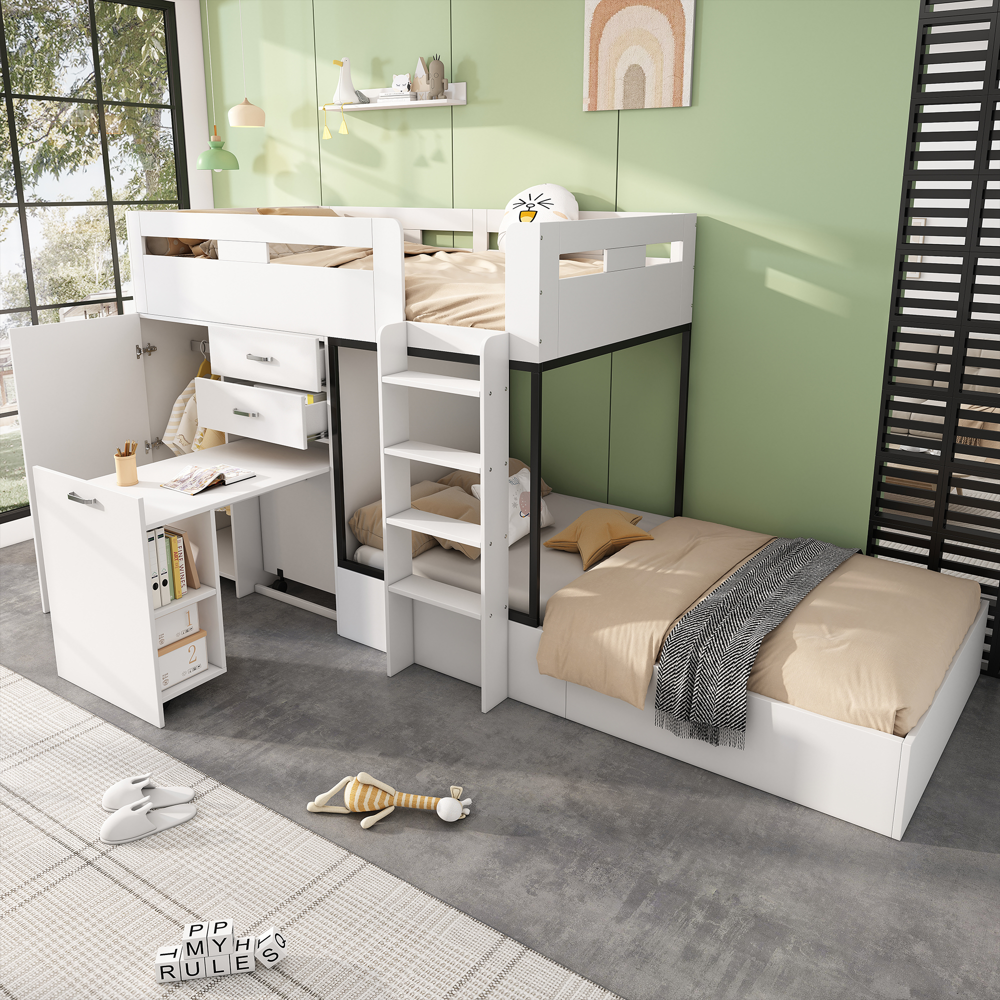 Etagenbett mit 2 Liegeflächen und Lattenrost, 90x200 cm, Kinderbett mit Schreibtisch, Kleiderschrank und Rausfallschutz