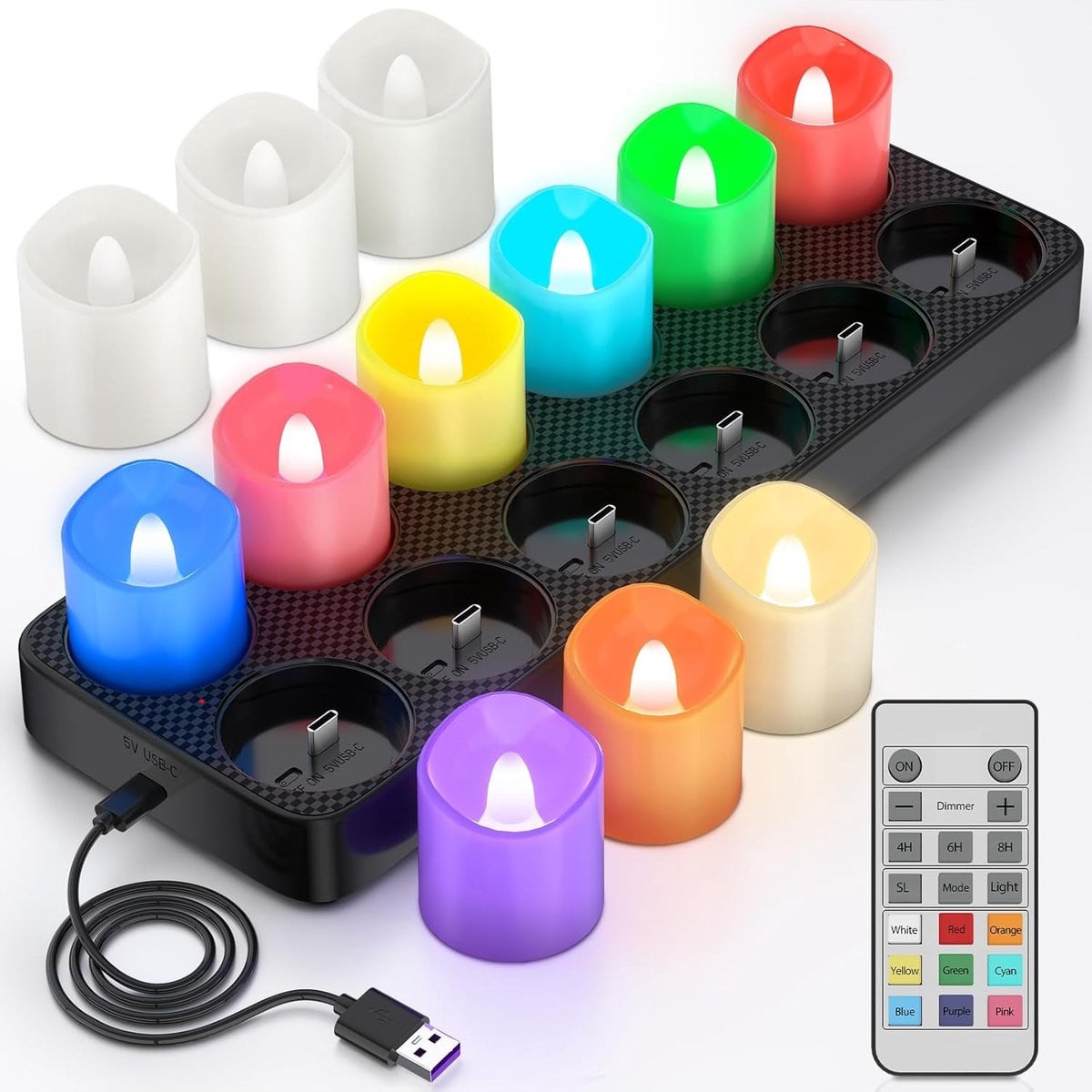 SnelShoppen 12-Pack Oplaadbare RGB LED Theelichten met Afstandsbediening en Flikkerend Effect, Multicolor