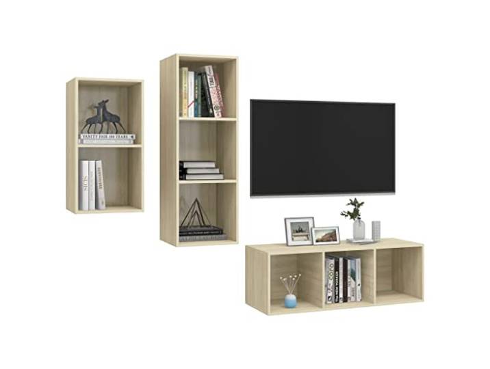 GKHPYURE TV-Möbel-Set, 3-teilig, Sonoma-Eiche, Holz, mehrschichtig 1 Möbelstück 37 x 37 x 72 cm, 2 Möbel 37 x 37 x 107 cm, Wandbefestigung, einfache Reinigung