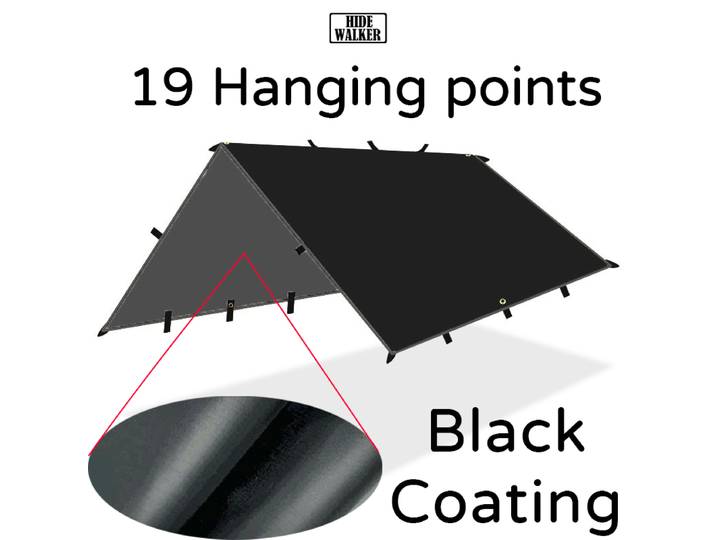 Bâche de revêtement noir imperméable à 19 Points de suspension, bâche de tente de Camping en plein air, abri Bushcraft, bricolage, tente volante