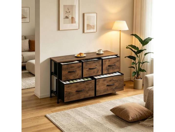 Commode - Commode rustique - 5 tiroirs - Plateau 100x30 cm - Structure métallique