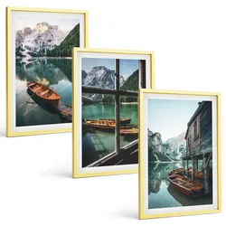 BILDER SET 3er Set - 40x60 cm Goldrahmen - Bootshaus am Bergsee