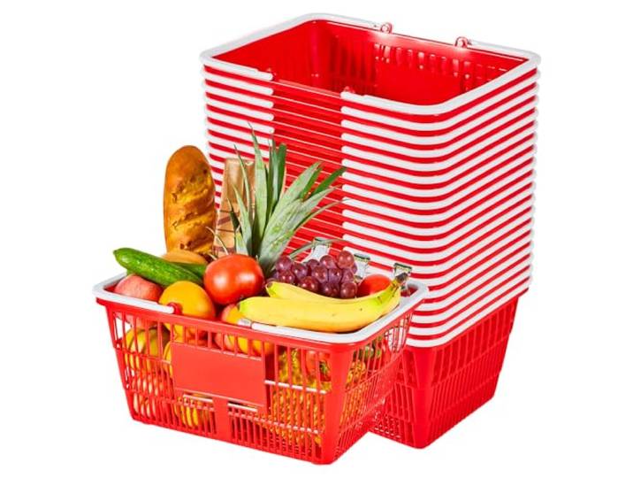 VEVOR Panier de Courses en Plastique 21 L Lot de 20\, Panier à Provisions Empilable à Anses pour Courses\, Supermarchés\, Magasins et Rangement à la Maison\, Maillage Dense\, Charge Max. 9\,07 kg\, Rouge