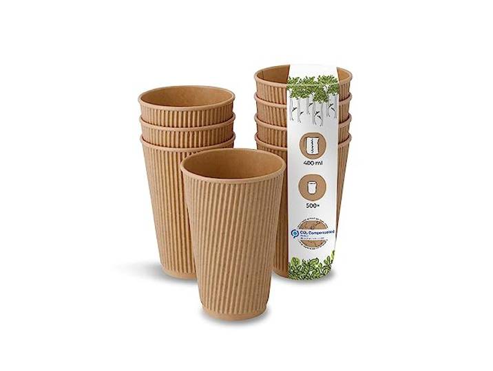BIOZOYG 500 Stück Kaffeebecher isolierte Pappbecher 400ml / 16 oz Ø 90 mm braun - geriffelt plastikfrei nachhaltige Materialien - Einwegbecher Glühweinbecher