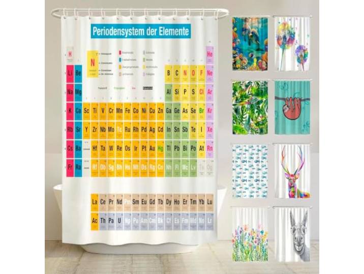 arteneur Rideau Anti-Moisissure 180x200 cm Tableau Périodique Allemand Textile recyclé\, OEKO-TEX 100\, 40°C machine\, opaque\, imperméable\, ourlet lesté\, avec 12 anneaux recyclés