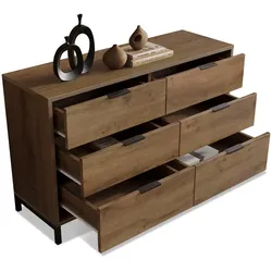 STILVORA Kommode Sideboard 120x40x76 cm mit 6 Schubladen in Dunkle Eiche Metallgestell und Griffe, industrielles Design, viel Stauraum, verstellbare Füße