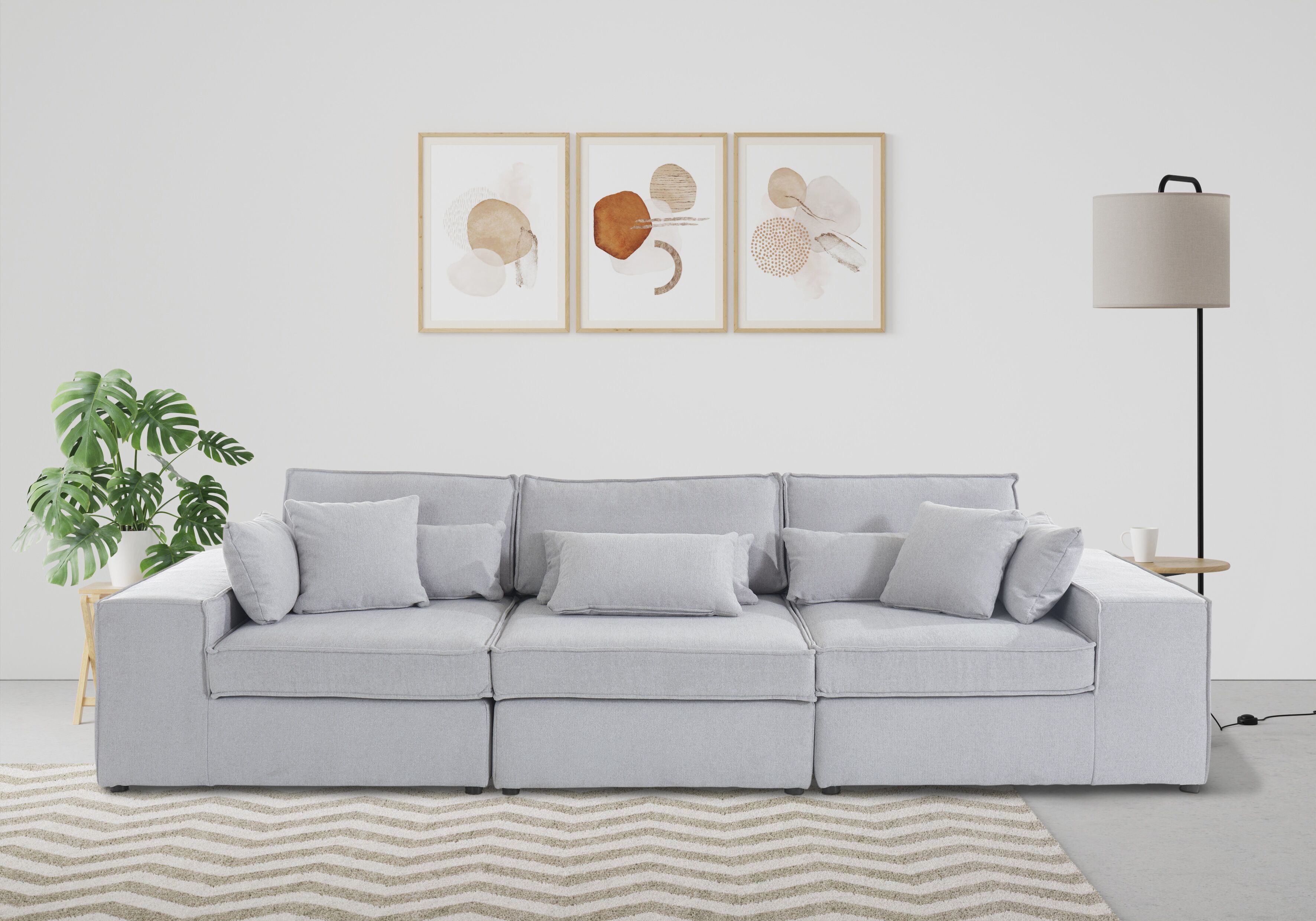 3-Sitzer GOODPRODUCT "Florid", grau (hellgrau), B:280cm H:75cm T:100cm, Baumwollmix (60% Baumwolle/40% Leinen);Struktur fein (100% Polyester);Samtoptik (100% Polyester);Samtvelours (100% Polyester);Struktur (100% Polyester);Struktur recycelt (100% recycel