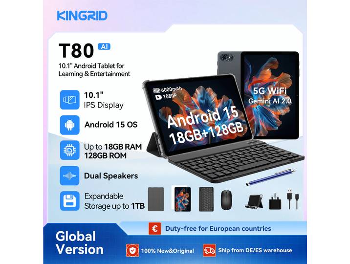 Tablette PC KINGRID T80 Android 15, 18 Go de RAM + 128 Go de ROM (2 To TF), tablette 10 pouces, 6000 mAh, 5MP + 2MP, Gemini AI, WiFi 5G, GPS, Face ID, tablette Android