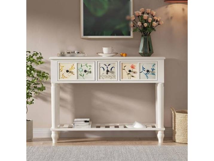Konsolentisch Schmal Massivholz Mit Schublade,Flurtisch, Beistelltisch Sofatisch,Eingangstisch,für Wohnzimmer,Flur,Diele,Eingangsbereich,Modern(White2,100x30x80cm)