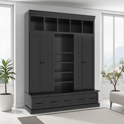 ZWYO HOSIMU 78.7''H MDF Hall Tree with Bench, 5 Storage Cubbies, 4 Doors, 5 Drawers, Adjustable Shelves, Versatile Entryway Organizer