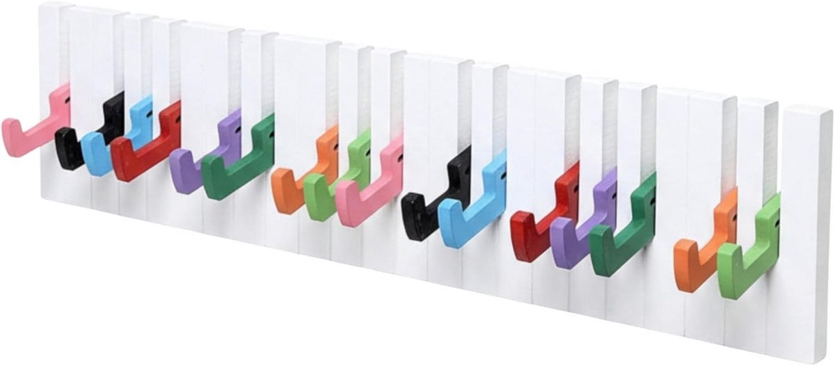 Kleurrijke wandgarderobe met 16 haken in muziekthema voor volwassenen