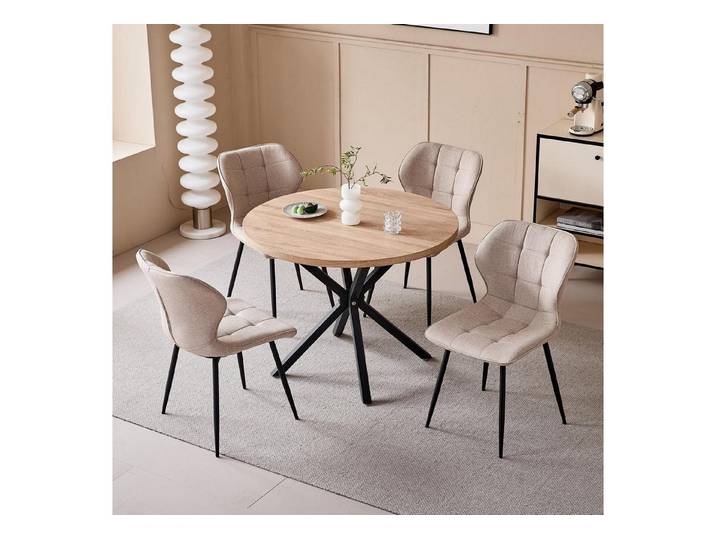 LuxusKollektion Essgruppe Esstischset rund 100 Holzmaserung 1 Tisch 4 Stühle Helle Farbe Khaki
