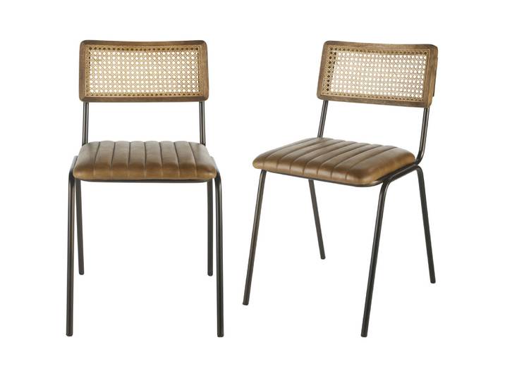 Chaises professionnelles en cuir de buffle marron, cannage en rotin et acier noir (x2)