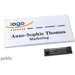 10 Namensschild mit Nadel PUBLIC 75 x 37 mm, Hart-PVC, transparent