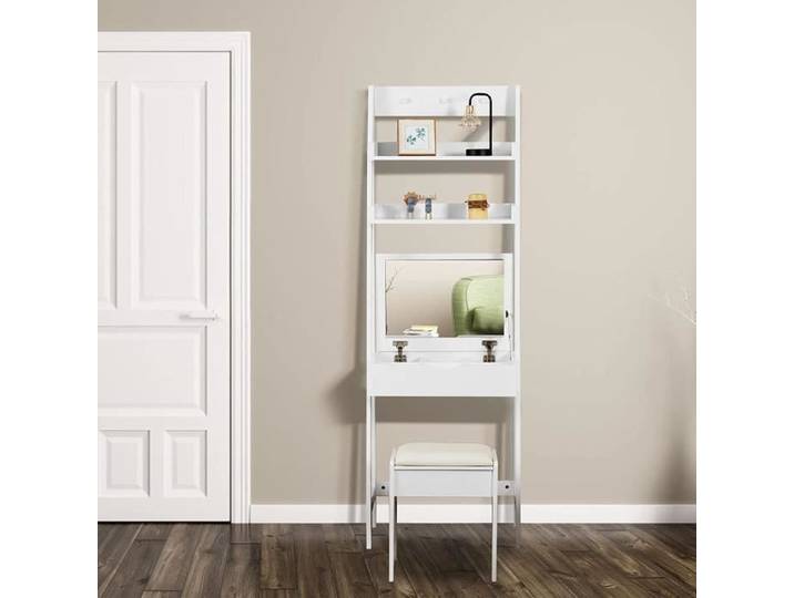 DREAMADE Ensemble de Coiffeuse Bureau de Maquillage avec Étagères à 2 Niveaux avec Clôture & 3 Crochets Plateau en MDF Blanc