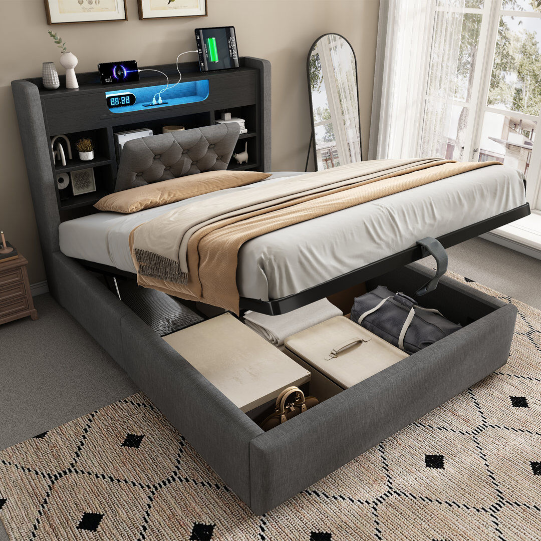Brayden Studio Upholstered Linen Ottoman Grey Double (4'6)