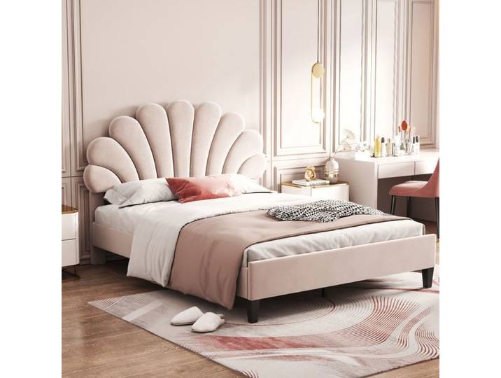 Norevia Lit Double 140x200 Velours Beige Capitonné avec Sommier à Lattes et Tête de Lit Fleur – Cadre de Lit Adulte