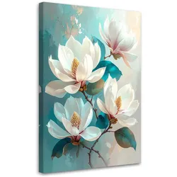 LEINWANDBILD, Weiße Magnolien mit türkisfarbenen Blättern in einer leuchtenden Komposition