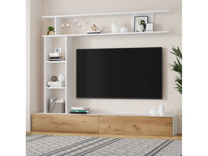 Ensemble meuble TV mural 180 cm avec étagère verticale et étagère murale 2 portes blanc et décor bois ORVRYN