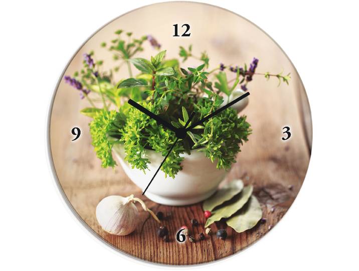 Wanduhr ARTLAND Verschiedene Kräuter - Küche , grün, T:1,8cm, Wanduhren, Wanduhr, wahlweise mit Quarz- oder Funkuhrwerk, lautlos ohne Tickgeräusche