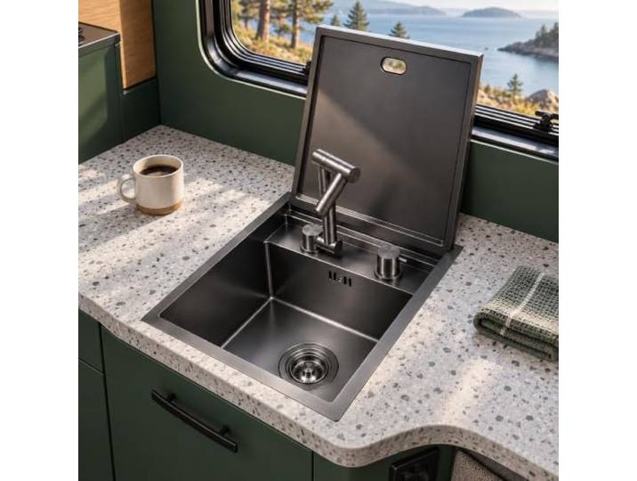 Wohnmobil Spüle mit Abdeckung, Spülbecken aus Edelstahl 304 360° Klappbarer Wasserhahn, Spüle für Aufsatz und Unterbaumontage(32x43x23cm/12.6x17x9in)