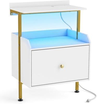 Costway Wall-mounted Nightstand with LED Lights and Charging Station for Bedroom-White