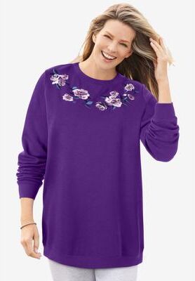 Plus Size Women's Crewneck Fleece Sweatshirt by Woman Within in Radiant Purple Floral Embroidery (Size S)
