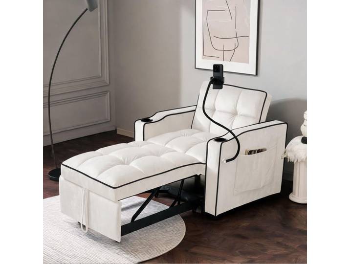 Canapé convertible 1 place beige design 3-en-1 avec accoudoirs porte-gobelets 83x167x76 cm