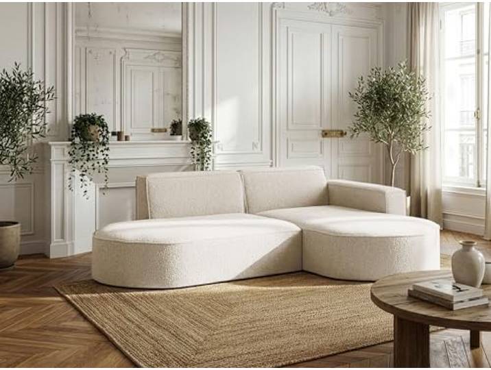 WFL GROUP Ecksofa 3-Sitzer im Loft-Stil, Skandi-Design – L-Form Wohnlandschaft, Ottomane, Ecke Rechts – inkl. Dekokissen, weiches Boucle – Creme
