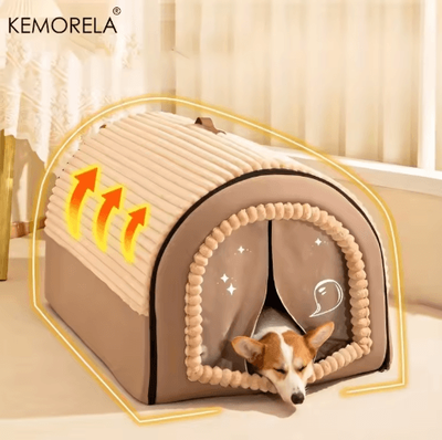 Inspire Picks KEMORELA Thickened Enclosed Pet Bed All Season Portable Dog House & Cozy Cat Tent brown l