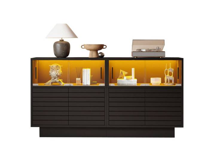 Buffet avec lumière LED 130x35x68cm avec 2 armoires 4 compartiments portes en verre salon avec beaucoup D'espace de rangement