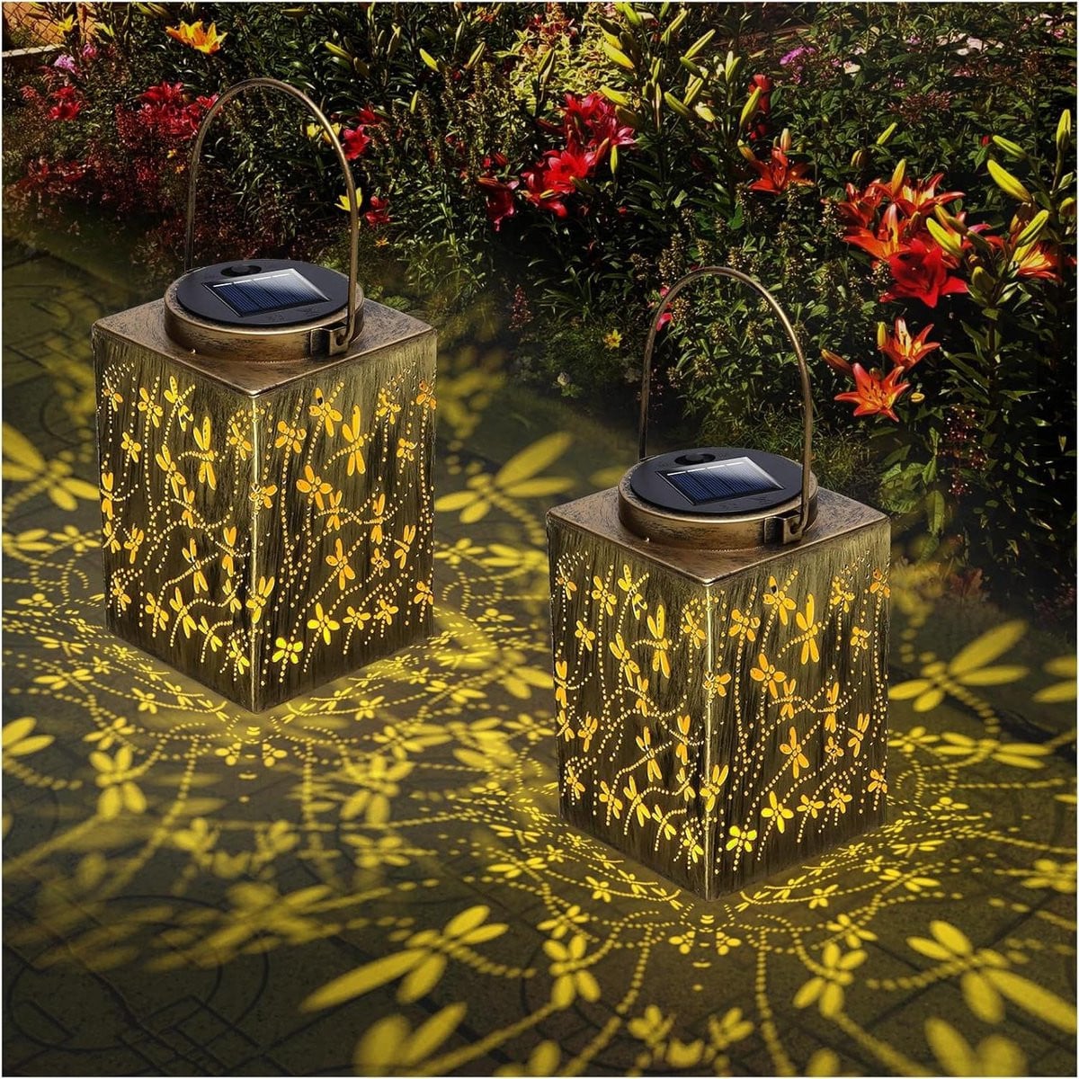 Set van 2 Bronskleurige Zonne Lantaarns - Waterdichte Solar Tuinverlichting - Metalen Buiten Decoratie