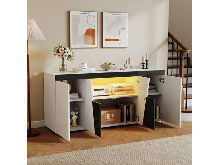 Buffet de Salon Meuble de Rangement avec 4 Portes Buffet Salle à Manger avec Éclairage LED Commode Moderne 140x40x65cm